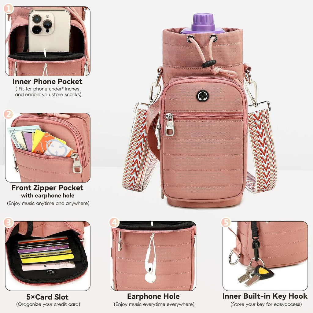 Water Bottle Carrier Bag with Strap Phone Pocket for Walking, Hiking, Cycling