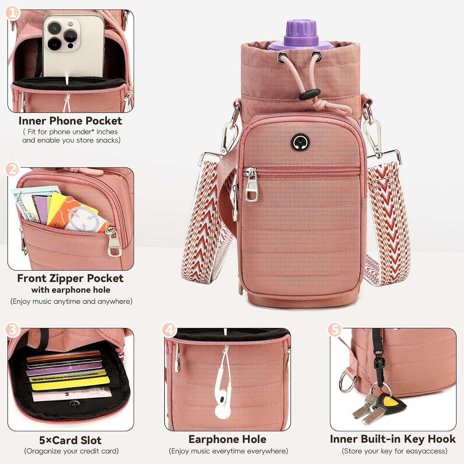 Water Bottle Carrier Bag with Strap Phone Pocket for Walking, Hiking, Cycling
