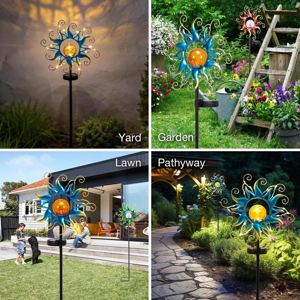 Solar Lights Outdoor Garden Decor, Blue Metal Sun Crackle Glass Globe Stake Waterproof 30LED Decorations Unique Gifts for Women,Mom,Outside, Patio,Lawn,Yard,Pathway