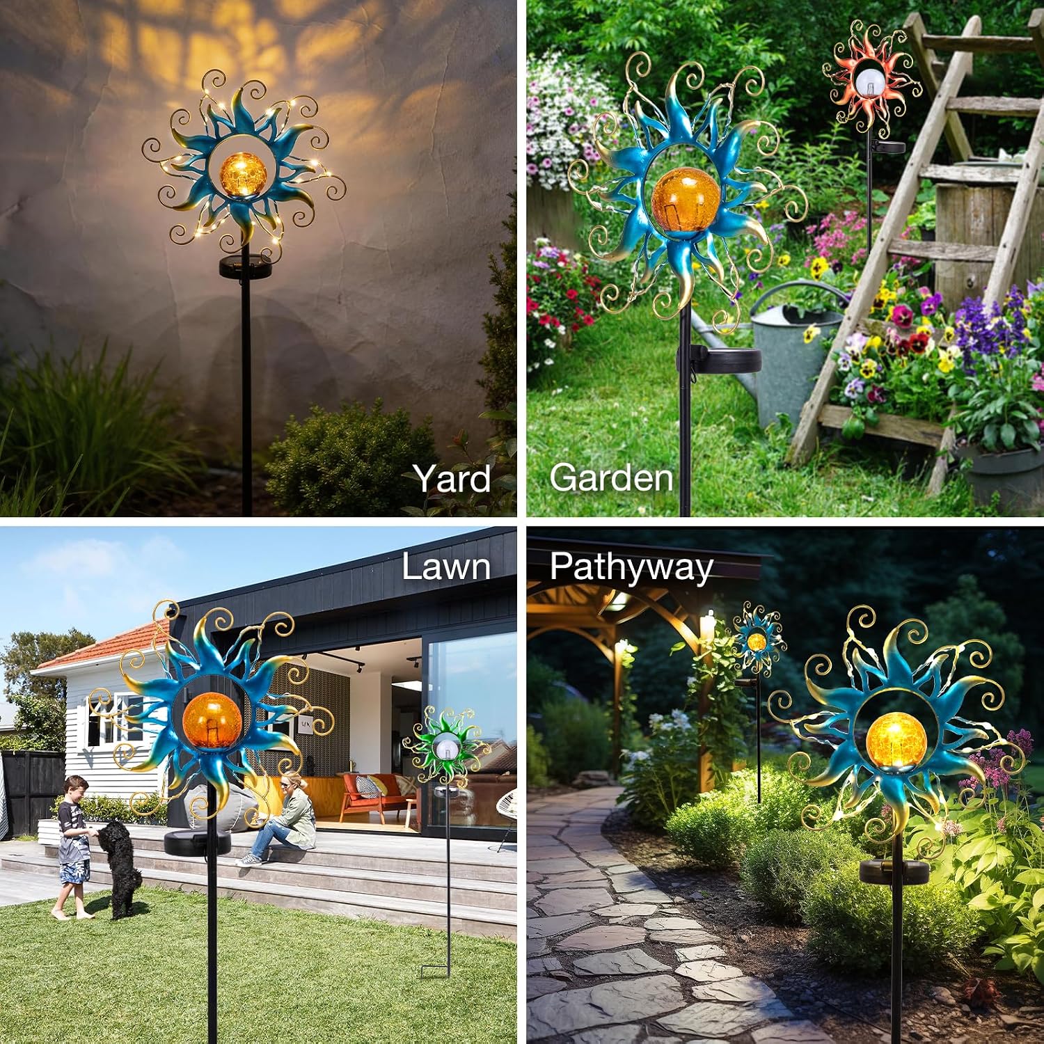Solar Lights Outdoor Garden Decor, Blue Metal Sun Crackle Glass Globe Stake Waterproof 30LED Decorations Unique Gifts for Women,Mom,Outside, Patio,Lawn,Yard,Pathway