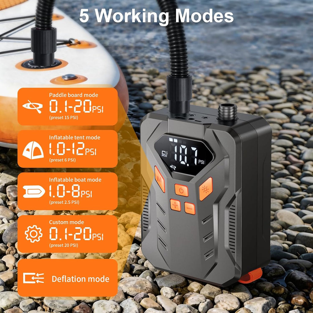 Rechargeable 20PSI Electric Paddle Board Pump, Inflation & Deflation