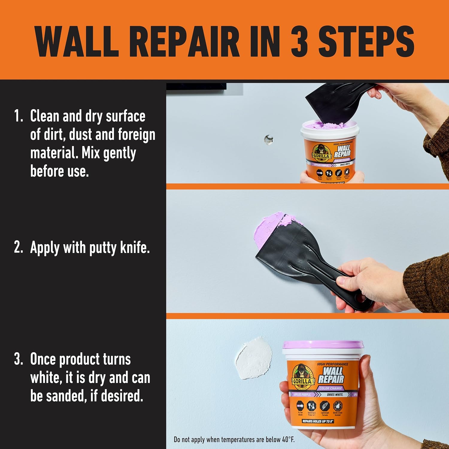 Gorilla High Performance Wall Repair, 16 oz Tub, Color Change Formula