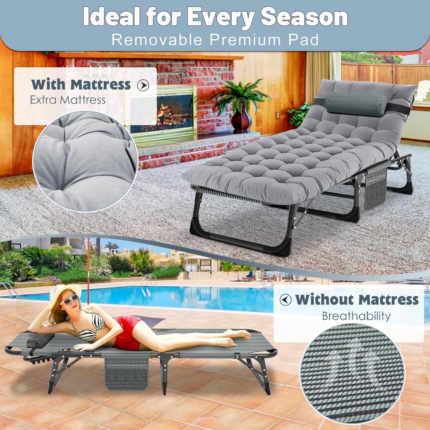 Slsy Folding Camping Cot for Adults, Adjustable Camping Bed with Pad