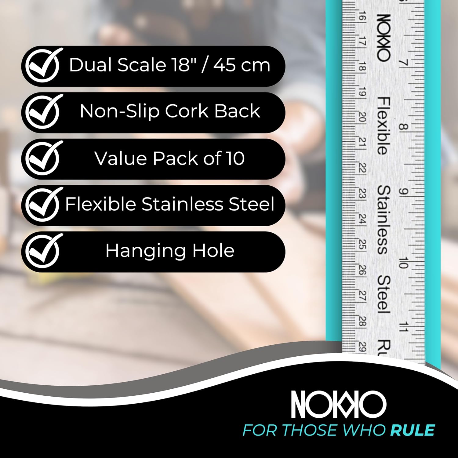 18 Inch Metal Ruler with Cork Backing, Stainless Steel Ruler, Pack of 10