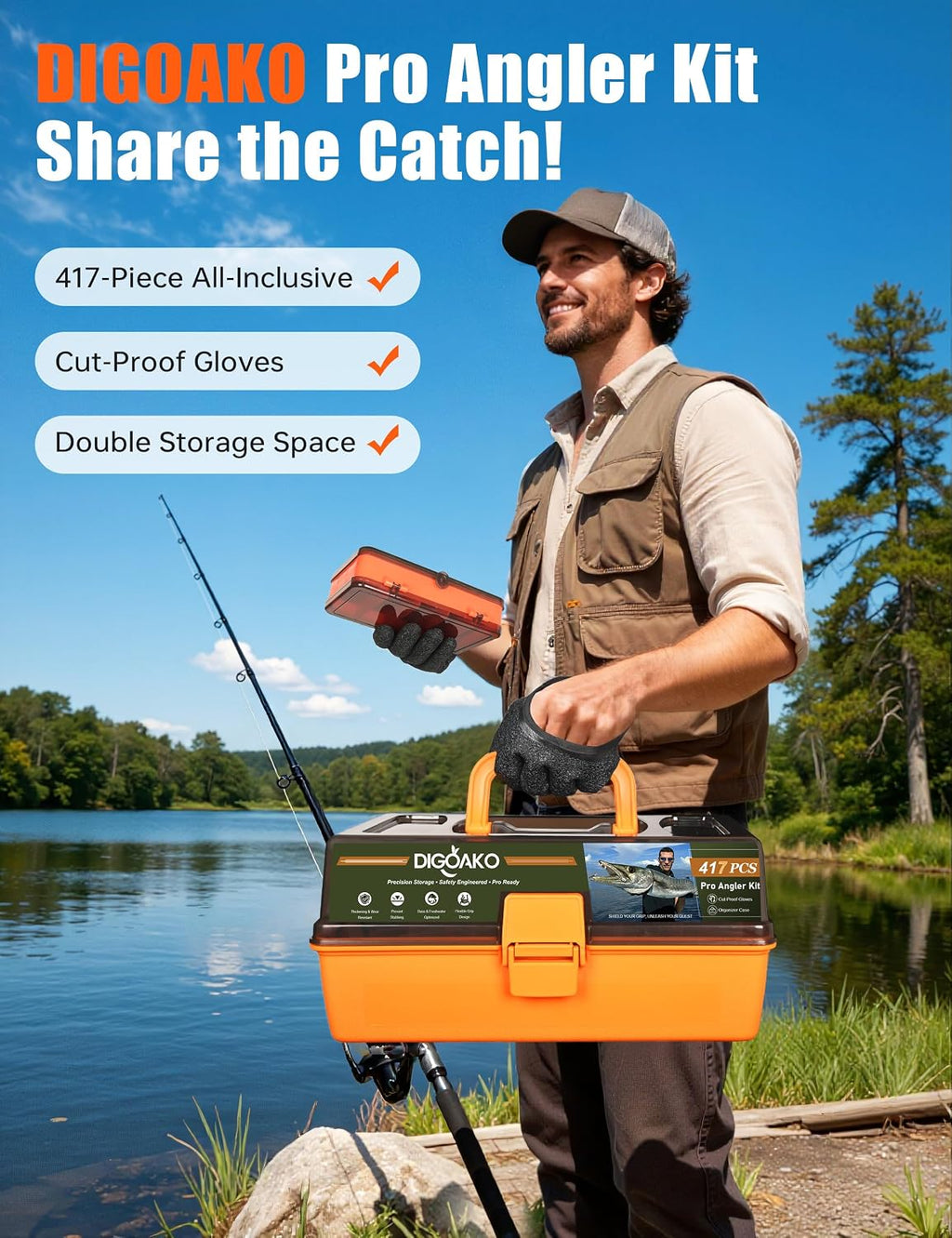 Large 3-Layer Tackle Box with Tackle Included, 417Pcs Fishing Lures Kit | Fishing Box with Bonus Small 2-Sided Box & Gloves, Pliers, Crankbait, Hooks, Freshwater Bass Fishing Gear Gift for Men & Kids