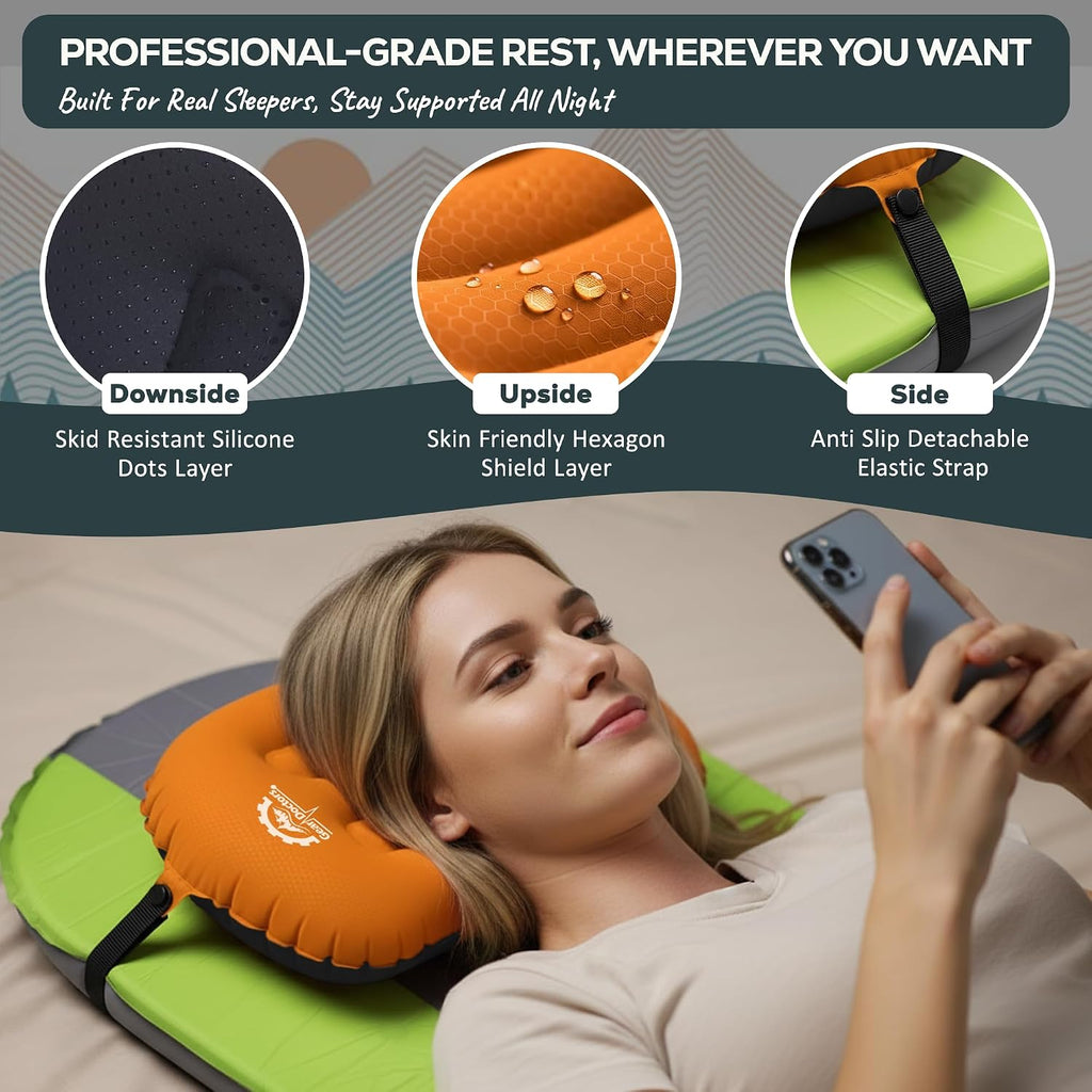 Gear Doctors 3.5oz Compact Ultralight Inflatable Camping Pillow—Inflatable Camp Pillow—Backpacking Pillows Ultralight—Camping Pillows for Sleeping, Hiking, Travel, Beach, Office, Neck, Lumper [Orange]