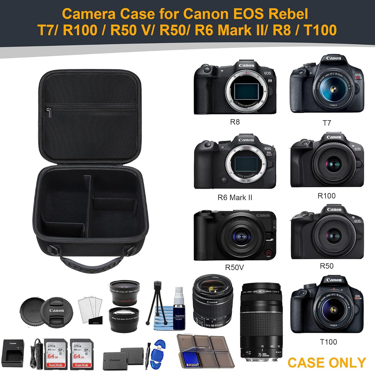 RAIALL Case for Canon EOS Rebel T7/R50/R100/NikonD7500 Digital Camera,Black