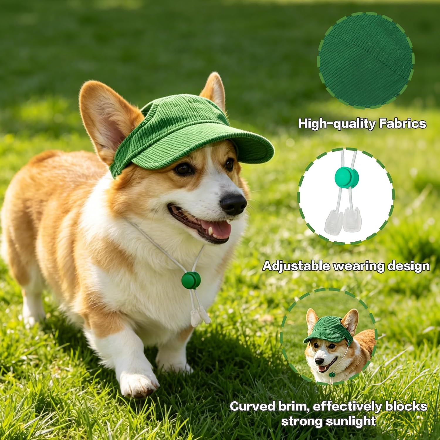 Pet Dog Baseball Cap, Cat Hat, Cat Dog Sun Cap with Ear Holes, Adjustable Puppy Outdoor Sun Hat (Pure Green, Medium)