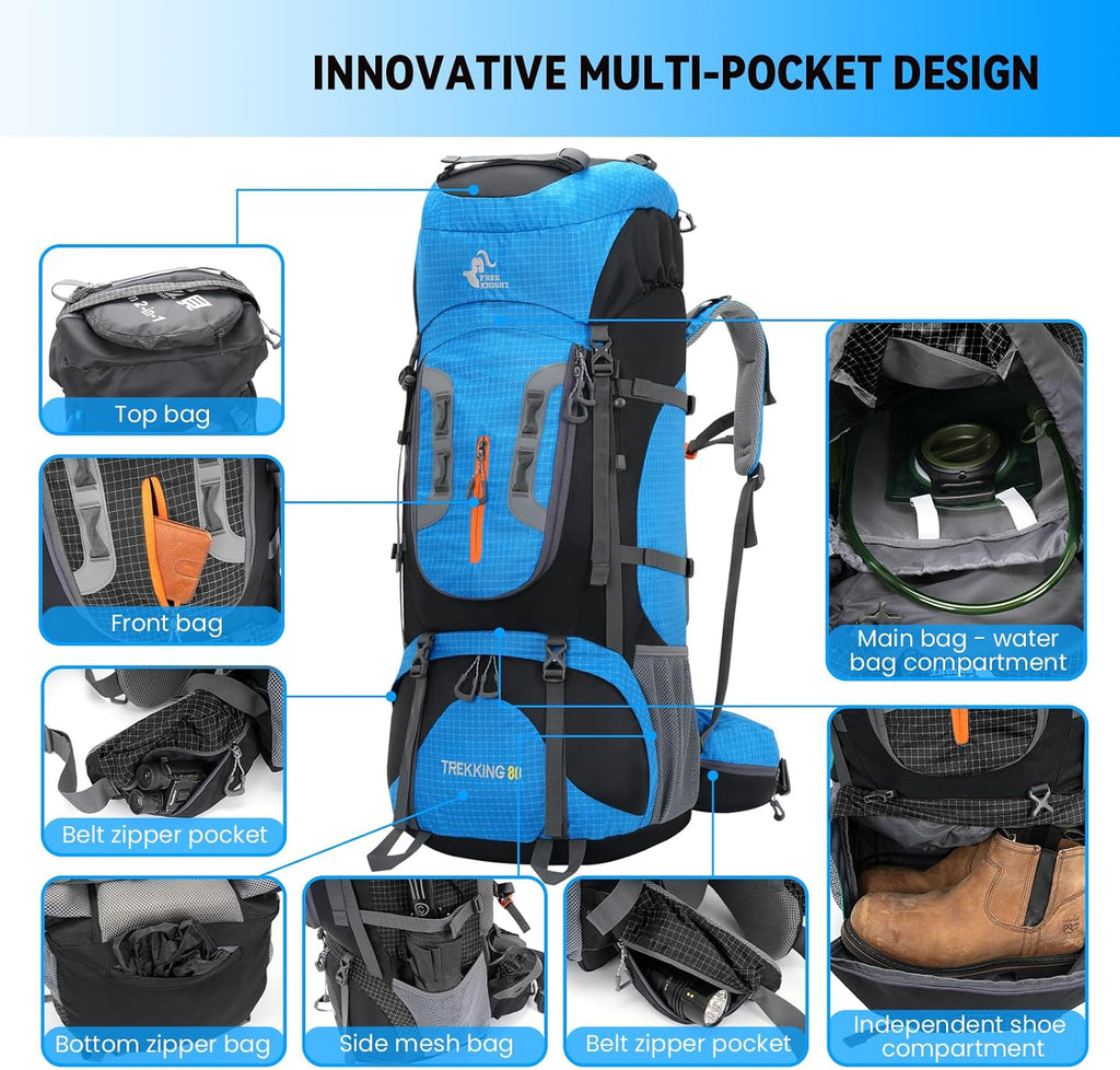 Bseash 80L Waterproof Hiking Camping Backpack with Rain Cover, Lightweight Outdoor Sport Travel Daypack for Climbing Touring