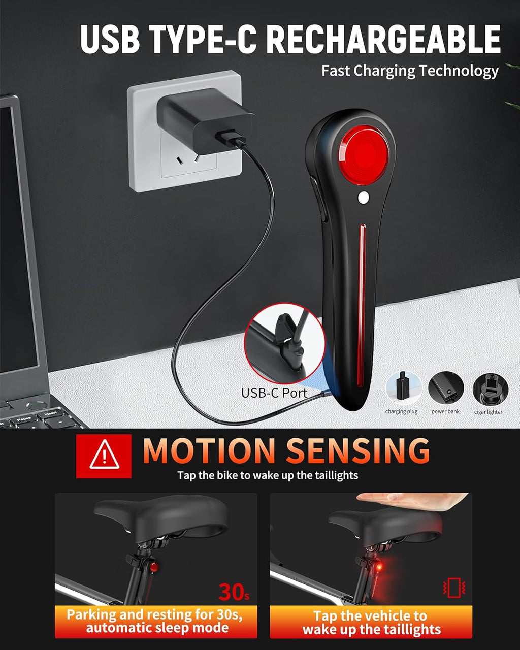DARKBEAM Bike Tail Light Smart- with Brake/Light Sensor, USB-C Rechargeable