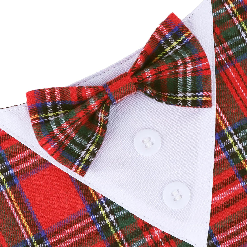 ADOGGYGO Christmas Dog Tuxedo Bandana, Red Plaid Pet Chritstmas Collar with Bowtie, Adjustable Christmas Costume for Large Dogs Pets (L)