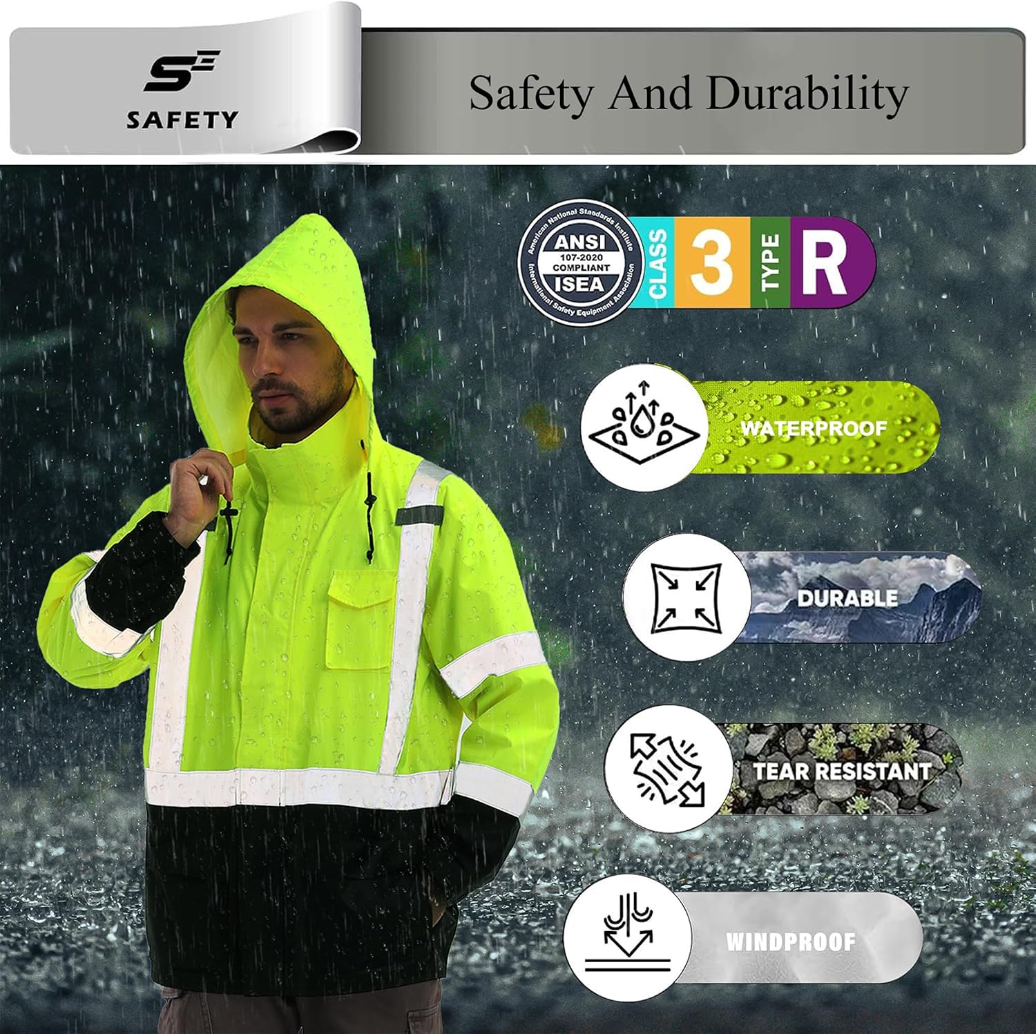 sesafety Hi Vis Rain Jacket, Rain Suits for Men Waterproof withBlack Bottom