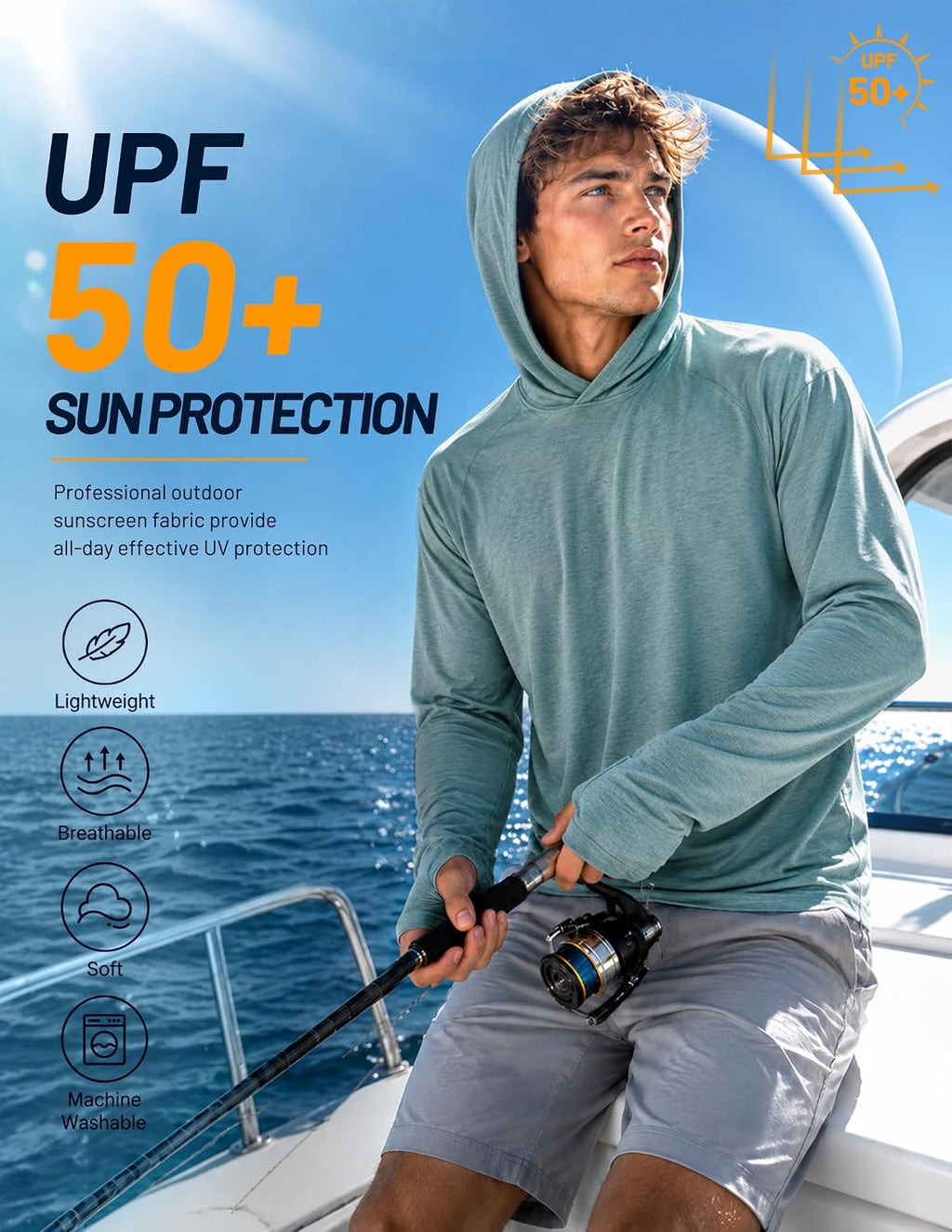 MIER Men's UPF 50+ Sun Hoodie Quick Dry Long Sleeve Shirts, Lightweight