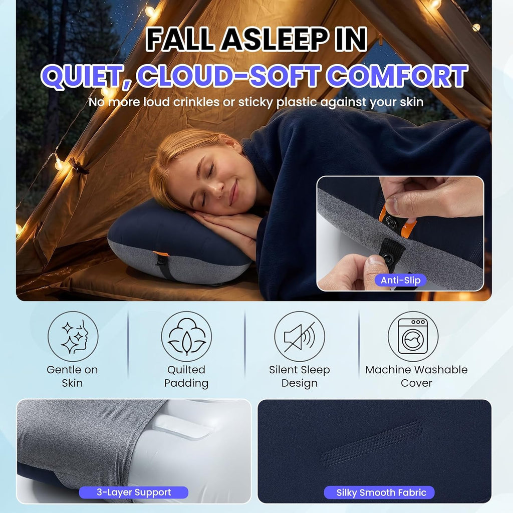 Inflatable Camping Pillow - Ultralight Compact Air Pillow for Travel, Backpacking & Hiking - Ergonomic Neck & Lumbar Support - Portable Inflatable Pillow with Removable Washable Cover - (Navy Blue)