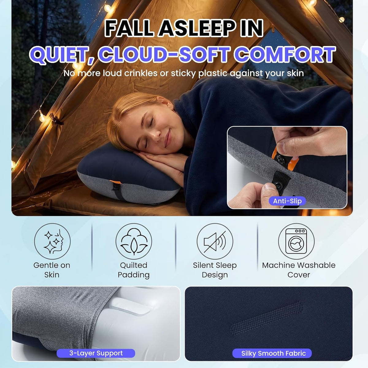 Inflatable Camping Pillow - Ultralight Compact Air Pillow for Travel, Backpacking & Hiking - Ergonomic Neck & Lumbar Support - Portable Inflatable Pillow with Removable Washable Cover - (Navy Blue)