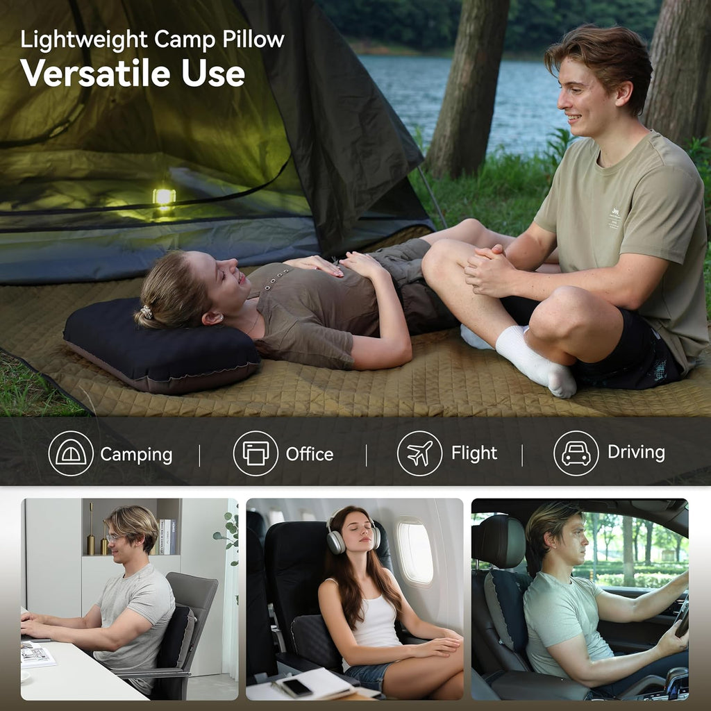 MARCHWAY Inflatable Camping Pillow with Soft Foam Top & TPU Air Bladder, Dual-Sided Support for All-Season, Lightweight Compact Travel Pillow for Hiking, Backpacking, Airplane, Car (Black)