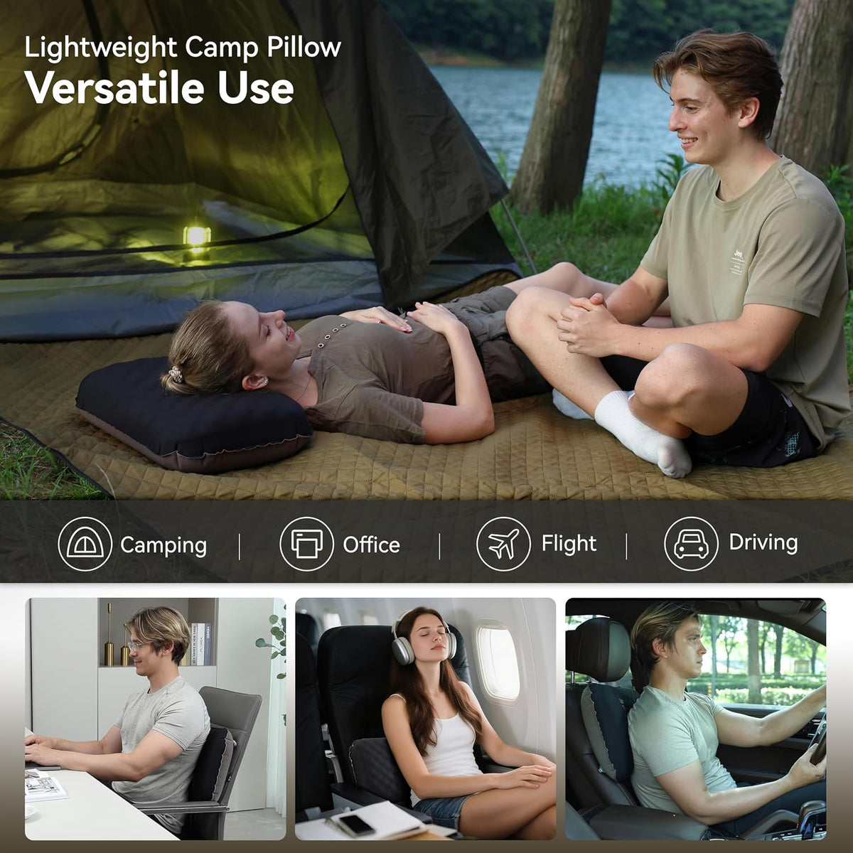 MARCHWAY Inflatable Camping Pillow with Soft Foam Top & TPU Air Bladder, Dual-Sided Support for All-Season, Lightweight Compact Travel Pillow for Hiking, Backpacking, Airplane, Car (Black)