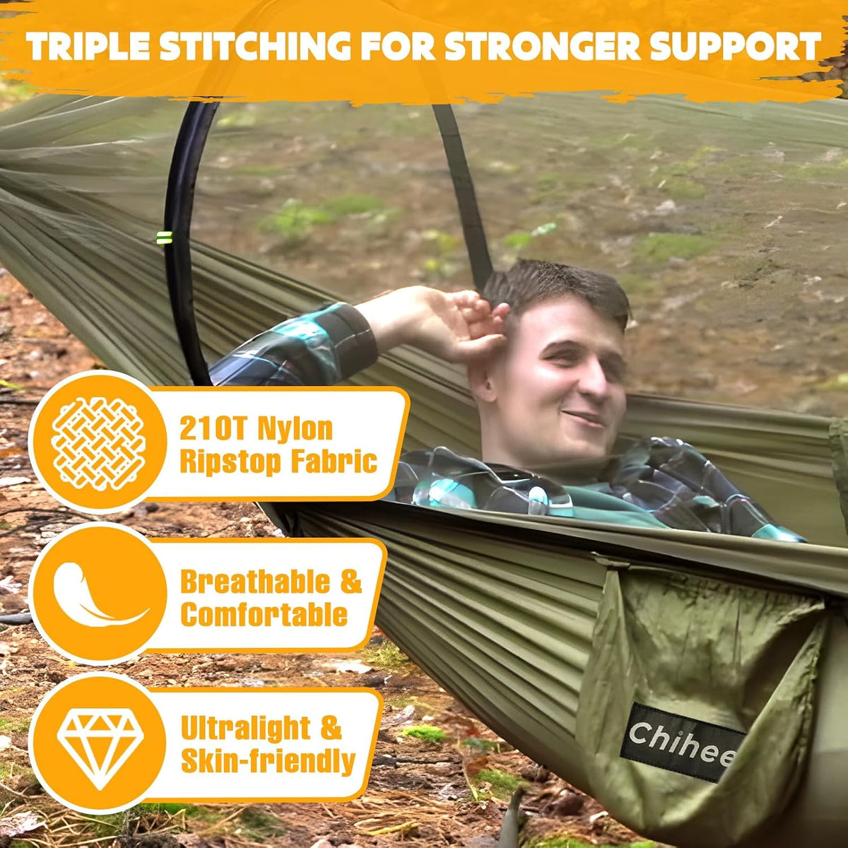 Chihee Ultra-Light Travel Camping Hammock Pop-up Net Hammock 660lbs Load Capacity,Breathable,Quick-Drying Parachute Nylon 2 Premium Carabiners,2 Tree Slings Included for Outdoor Backpacking Hiking