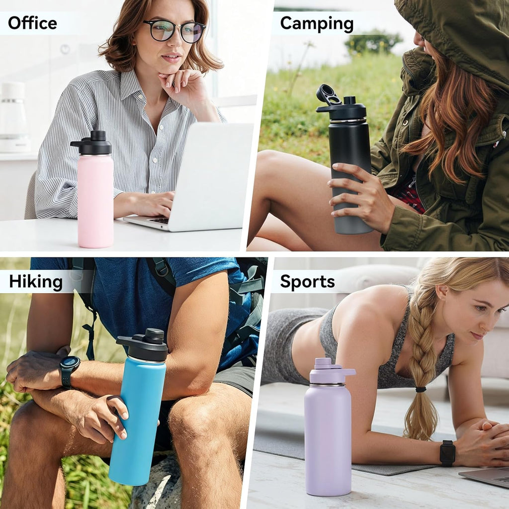 Fijinhom Insulated Water Bottle with Handle, 304 Stainless Steel Water Bottles with Wide Mouth, Double Wall Vacuum Sports Water Bottle, BPA Free, Keep Cold and Hot, 24 Ounces, Black/Gray