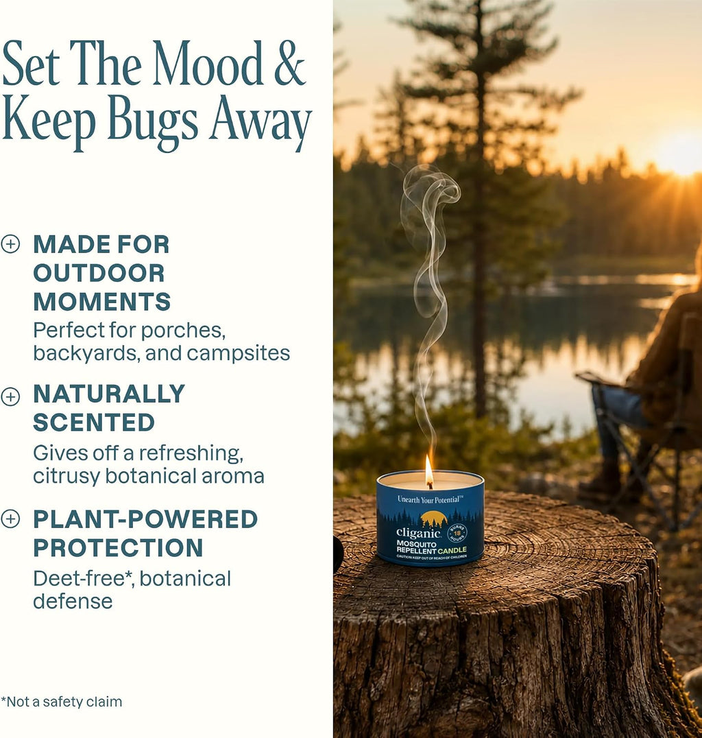 Cliganic Natural Mosquito Repellent Candle (Pack of 2) | Citronella, DEET Free, Essential Oil Infused for Outdoor, Camping | Burns 18 Hours