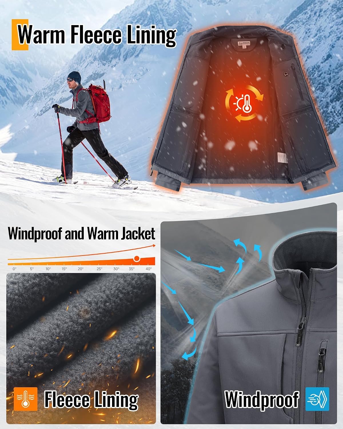 33,000ft Men's Lightweight Softshell Jacket Fleece Waterproof Windbreaker