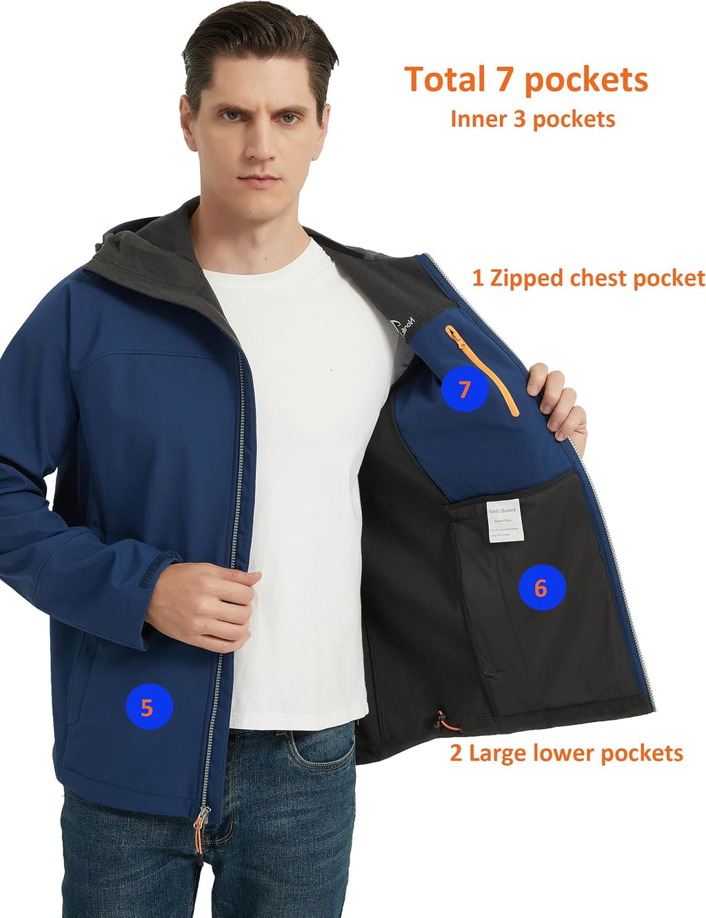 NORDIC OUTLAND Men's Waterproof Softshell Rain Jacket, Hooded Windbreaker 7 Pockets, Lightweight Shell for Outdoor Activities