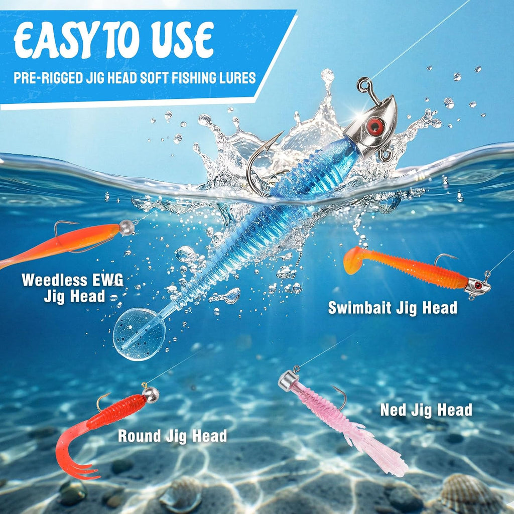 PLUSINNO Fishing Lures Kit, 211pcs Tackle Box with Tackle Included, Bass Fishing Kit with Pre-Rigged Jig Head Lures, Soft Baits, Hooks, Weights, Freshwater Fishing Gear for Walleye Crappie Trout
