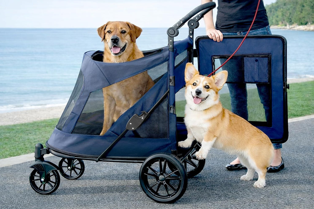 Pet Gear NO-Zip Pet Stroller with Dual Entry, Push Button Zipperless Entry for Single or Multiple Dogs/Cats, Pet Can Easily Walk in/Out, Gel-Filled Tires, Lava Gray, Excursion