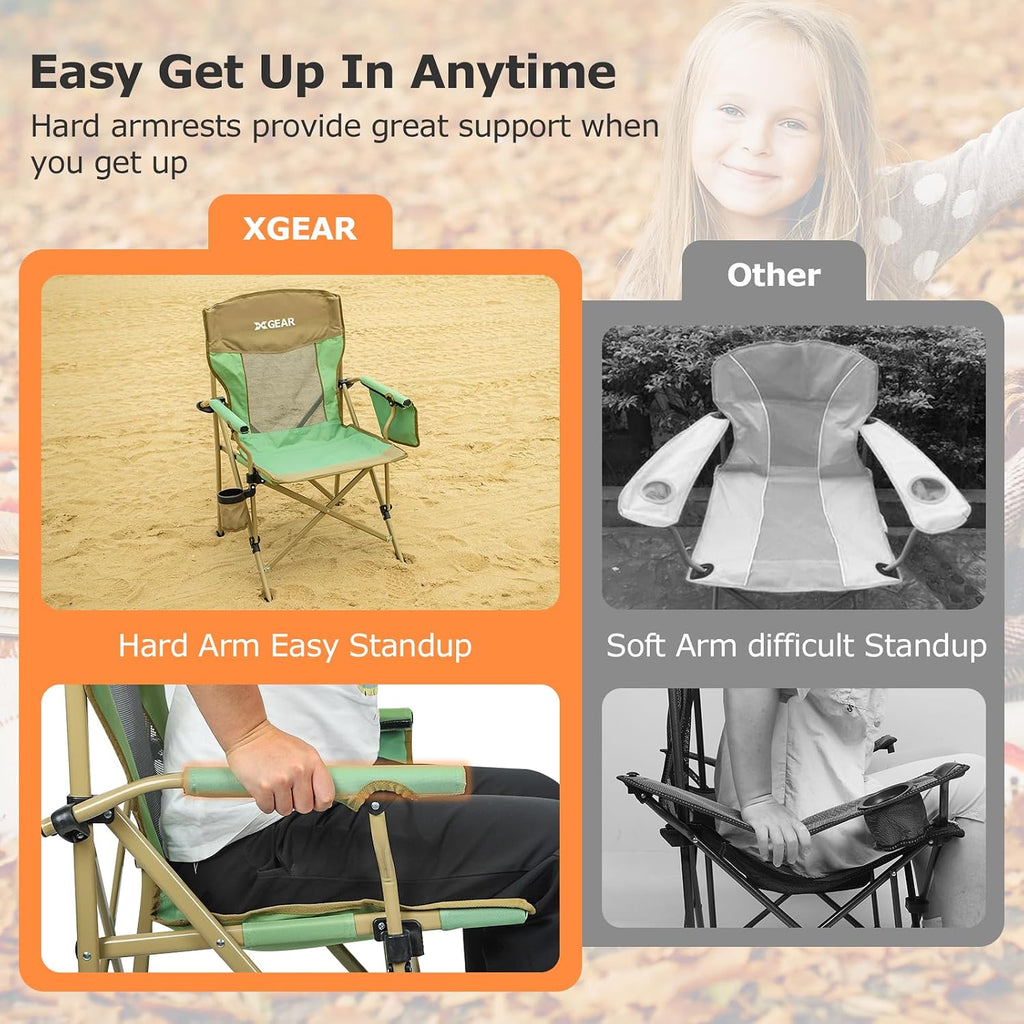 XGEAR 330LB Heavy Duty High Back Hard Arm Camping Chair with Cup Holder