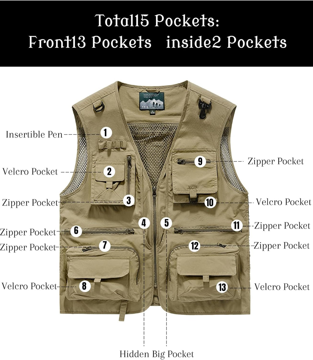 Men's Lightweight Mesh Fishing Vest Utility Outdoor Multi-Pocket Hunting Cargo Vest