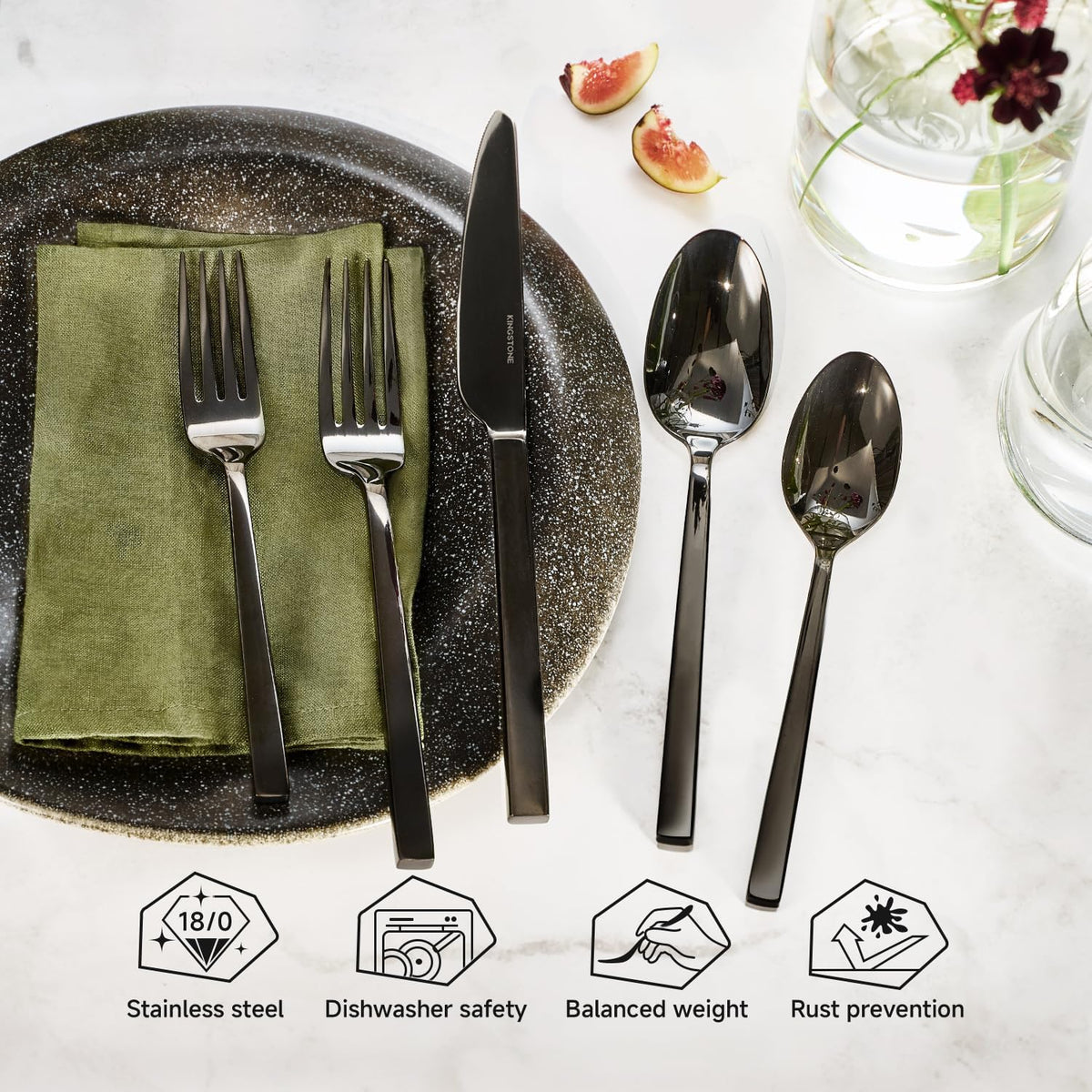 Black Silverware Set for 4, 20 Piece Flatware Set, Stainless Steel