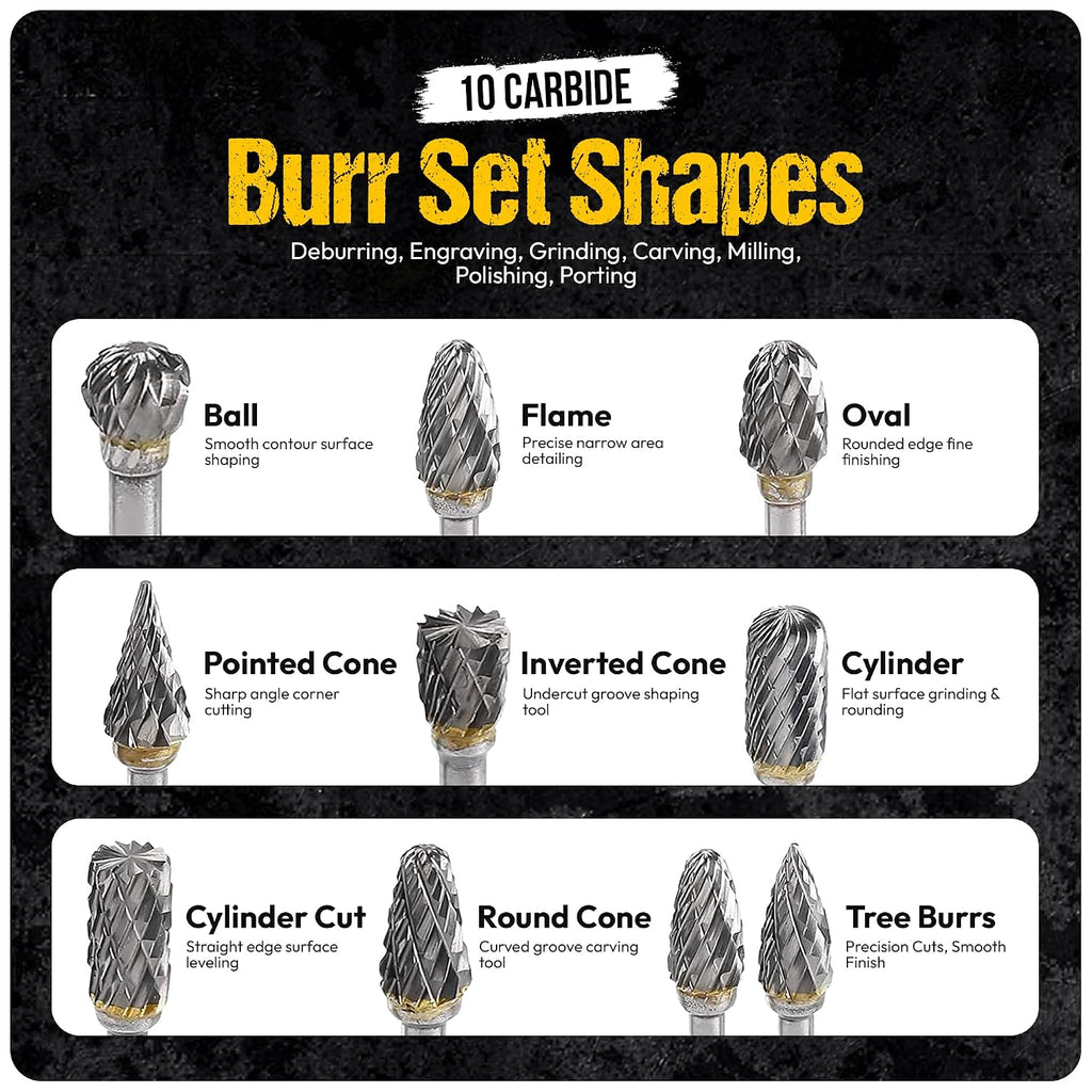 10Pcs Tungsten Carbide Burr Set 6.35mm - 1/4" Shank Double Cut Die Grinder Bits Cutting Burrs - Metal, Steel - Rotary Tools Rasp Accessories - Deburring, Engraving, Grinding, Carving, Porting