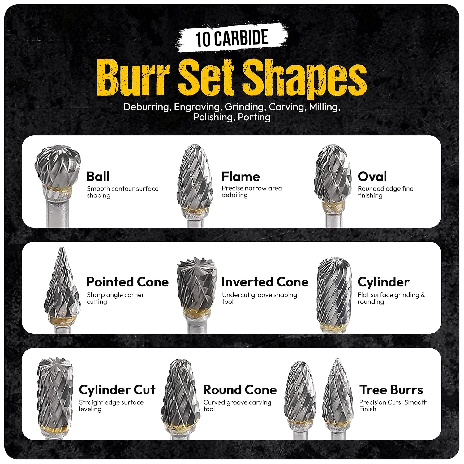 10Pcs Tungsten Carbide Burr Set 6.35mm - 1/4" Shank Double Cut Die Grinder Bits Cutting Burrs - Metal, Steel - Rotary Tools Rasp Accessories - Deburring, Engraving, Grinding, Carving, Porting