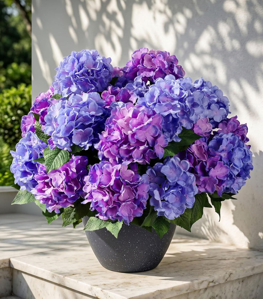 Ivydale Artificial Flowers for Outdoors, 4 PCS Purple Blue Fake Silk Hydrangea Flower Stems for Bouquets UV Resistant Realistic Faux Plants Home Outdoor Wedding Party Centerpieces Decor