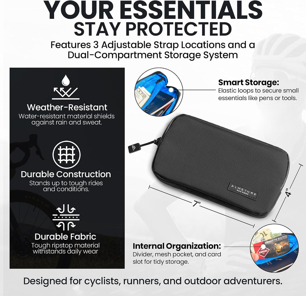 ALMSTHRE Ride Wallet 7”x4” | Waterproof Cycling Wallet for Phone, Cards & Essentials | Durable Ripstop Nylon – Fits Most Phones & Passports | Secure Storage for Biking & Travel