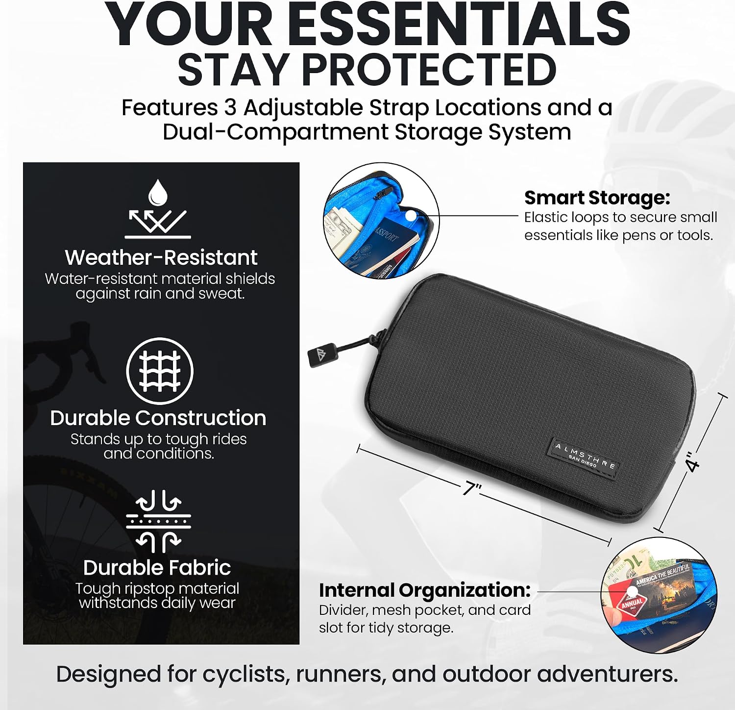 ALMSTHRE Ride Wallet 7”x4” | Waterproof Cycling Wallet for Phone, Cards & Essentials | Durable Ripstop Nylon – Fits Most Phones & Passports | Secure Storage for Biking & Travel