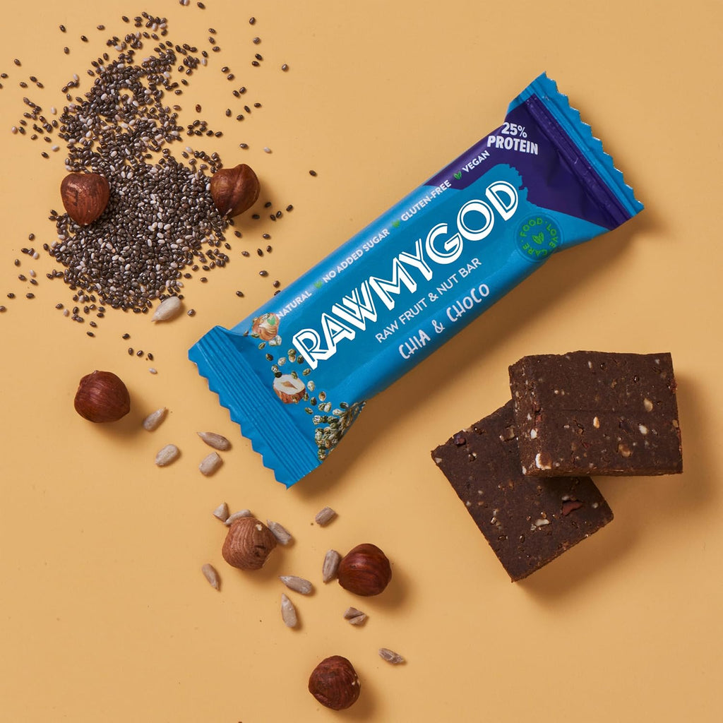 RAWMYGOD Fruit and Nut Bars, Good Source of Protein (10g, 25% protein content), Gluten Free, Vegan, No Added Sugar (16 bars, Chia & Choco)