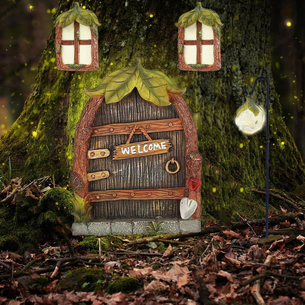Miniature Fairy Garden Accessories Fairy Door and Windows for Trees, Glow in The Dark Yard Sculpture Lawn Ornament Mini Garden Art Outdoor Decor Accessories with Lantern
