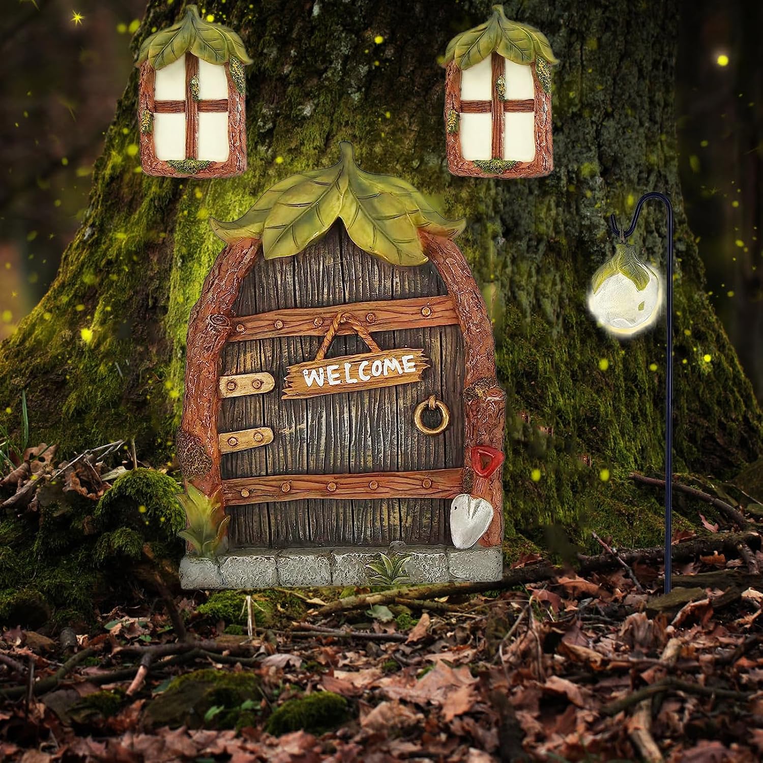 Miniature Fairy Garden Accessories Fairy Door and Windows for Trees, Glow in The Dark Yard Sculpture Lawn Ornament Mini Garden Art Outdoor Decor Accessories with Lantern