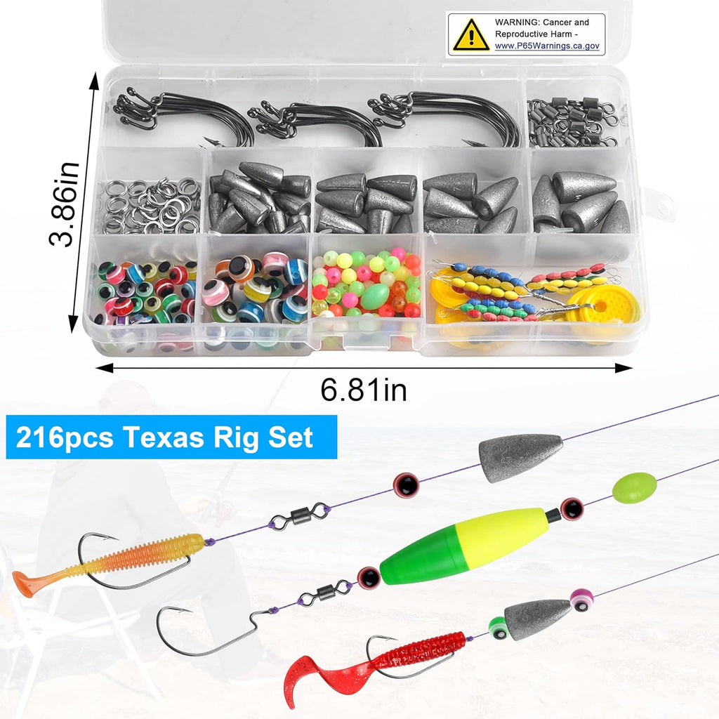 Carolina and Texas Rig Kit, 216pcs Bullet Sinkers Bass Fishing Tackle Kit