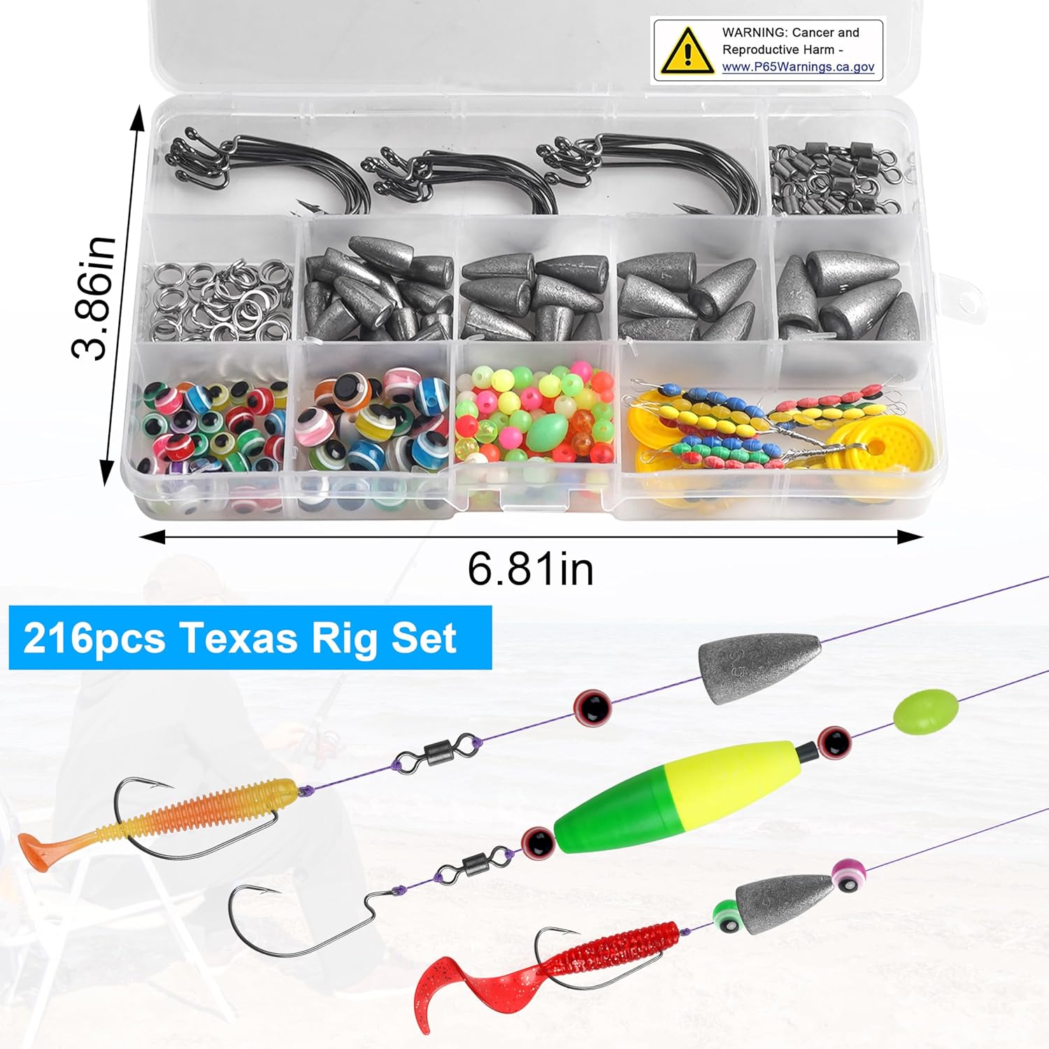 Carolina and Texas Rig Kit, 216pcs Bullet Sinkers Bass Fishing Tackle Kit
