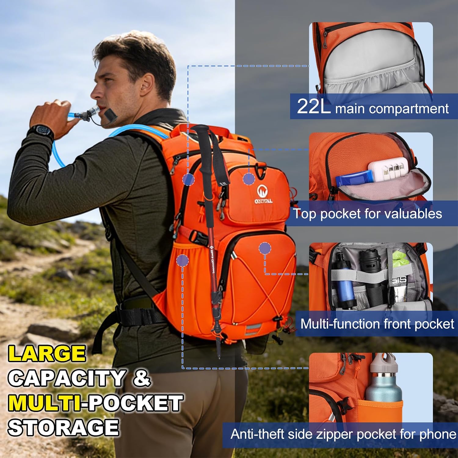 Hydration Backpack 22L, Hiking Backpack with 2L Leakproof Bladder, Sewn-in Rain Cover, Insulated Compartment for Men & Women Running, Cycling, Camping