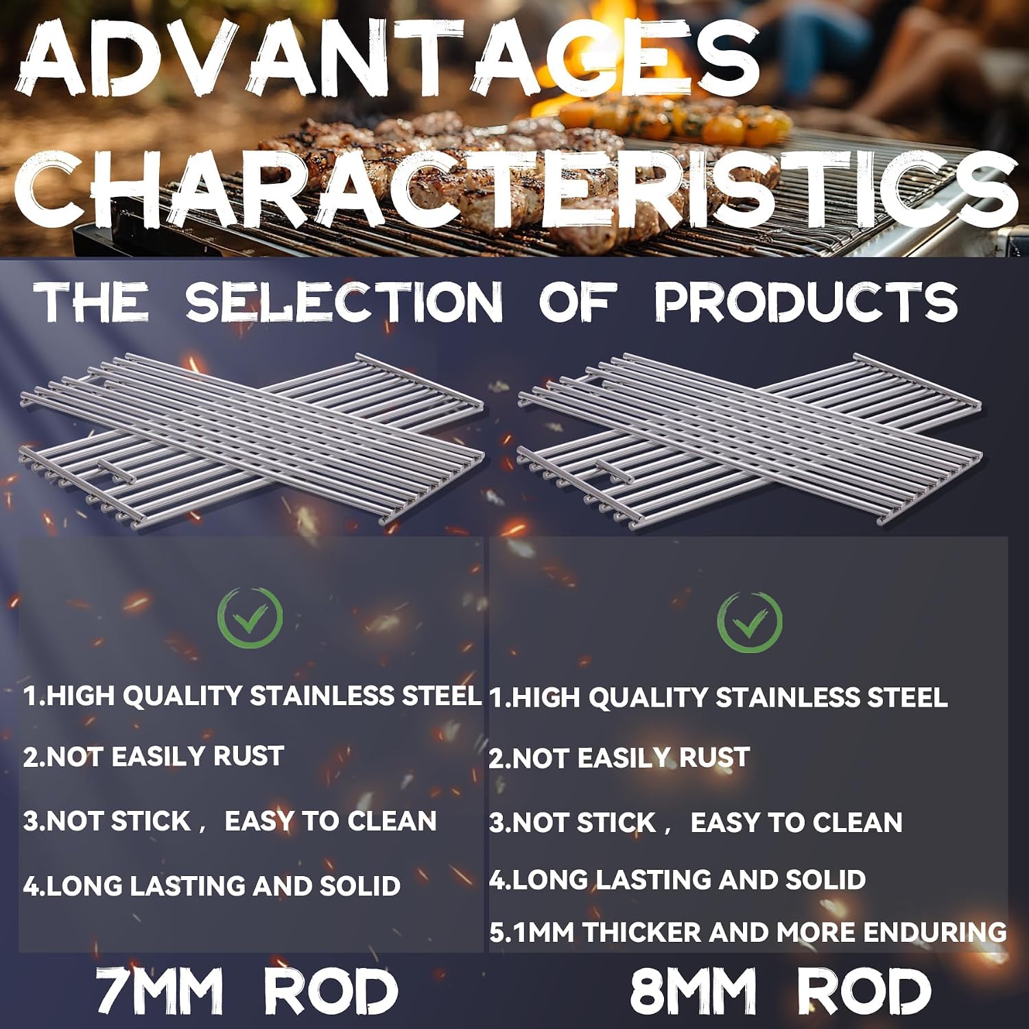 4 Pack 8mm Stainless Steel BBQ Cooking Grill Grates Replacement Parts for 16517 Bull 18248 LP,18249 NG,65073 L60000, BBQ Angus 47628, Brahma, Lonstar Select, Outlaw Steer Premium,7 Burner Premium