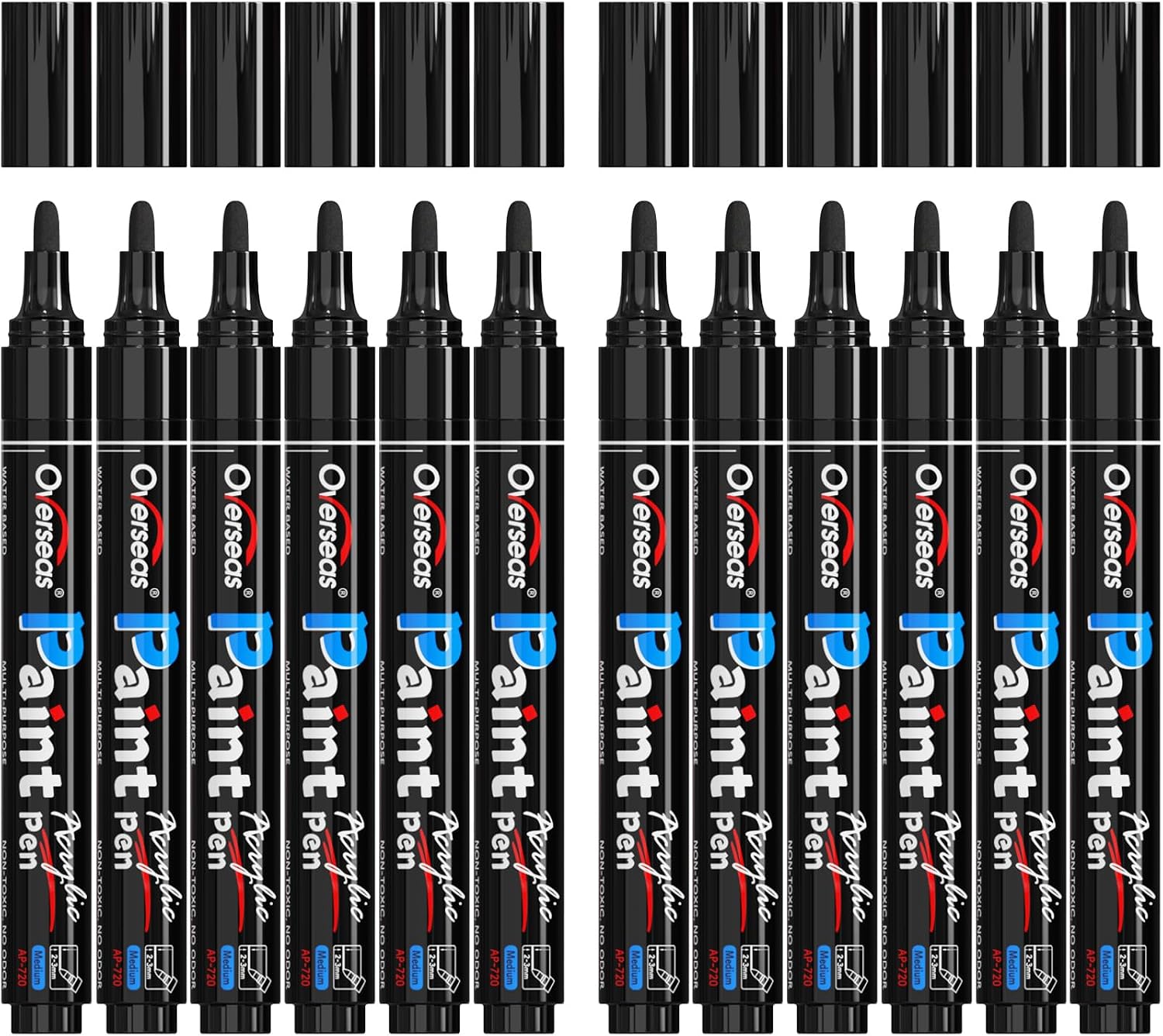 Overseas 12 Pack Black Acrylic Paint Pens Permanent Markers, Medium Tip