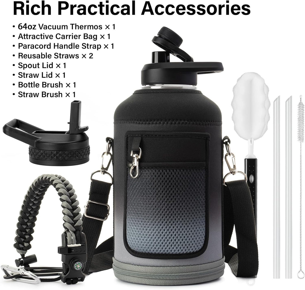 DYSANKY Insulated Water Bottle w/Straw Lid & Portable Carrier Bag, 64oz