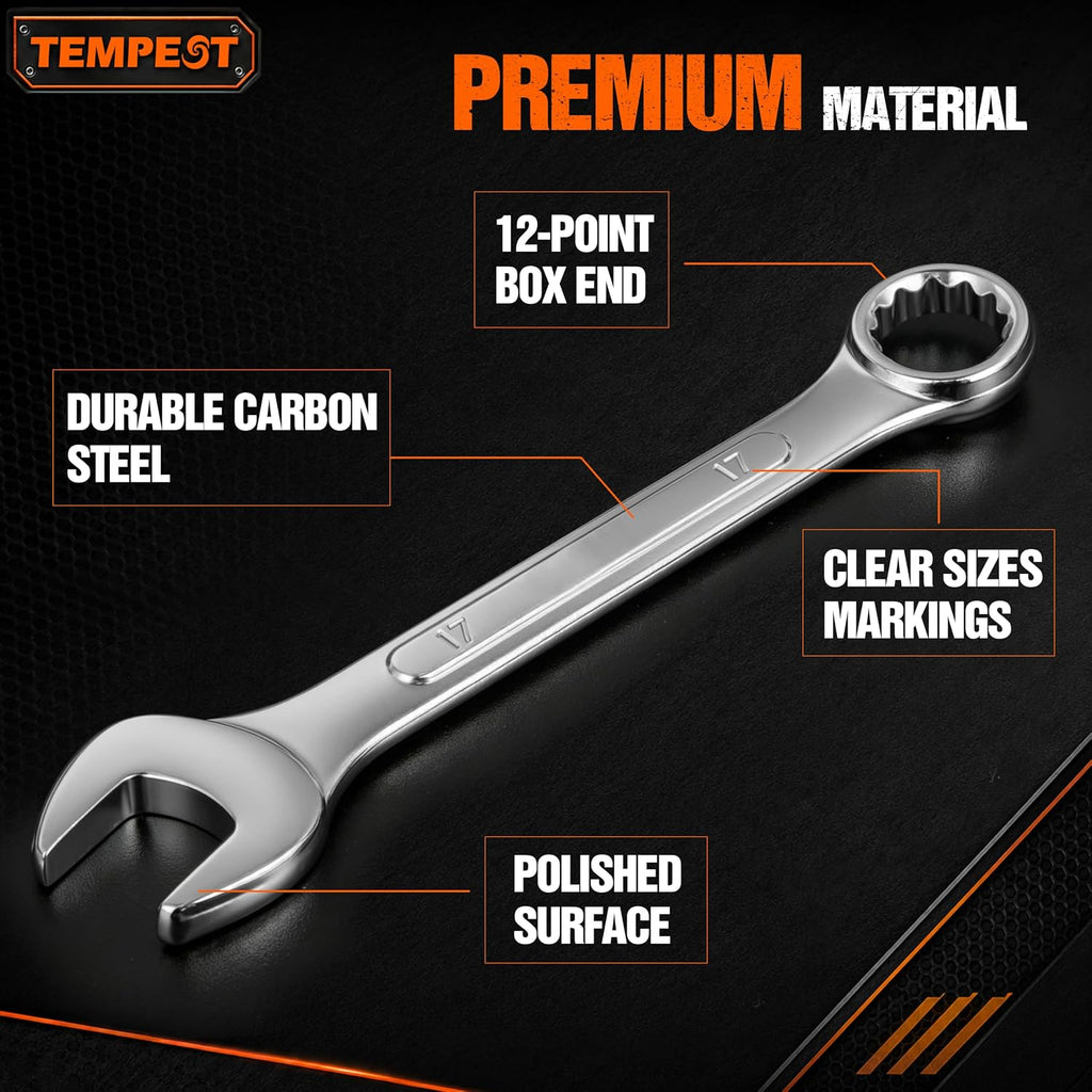 Tempest 14 Piece Combination Wrench Set, Metric & SAE (8-17mm, 5/16-11/16 inch) with Compact Organizer Rack, Drop Forged Steel Mechanics Hand Tools Kit for Automotive Repair, Home DIY, Workshops