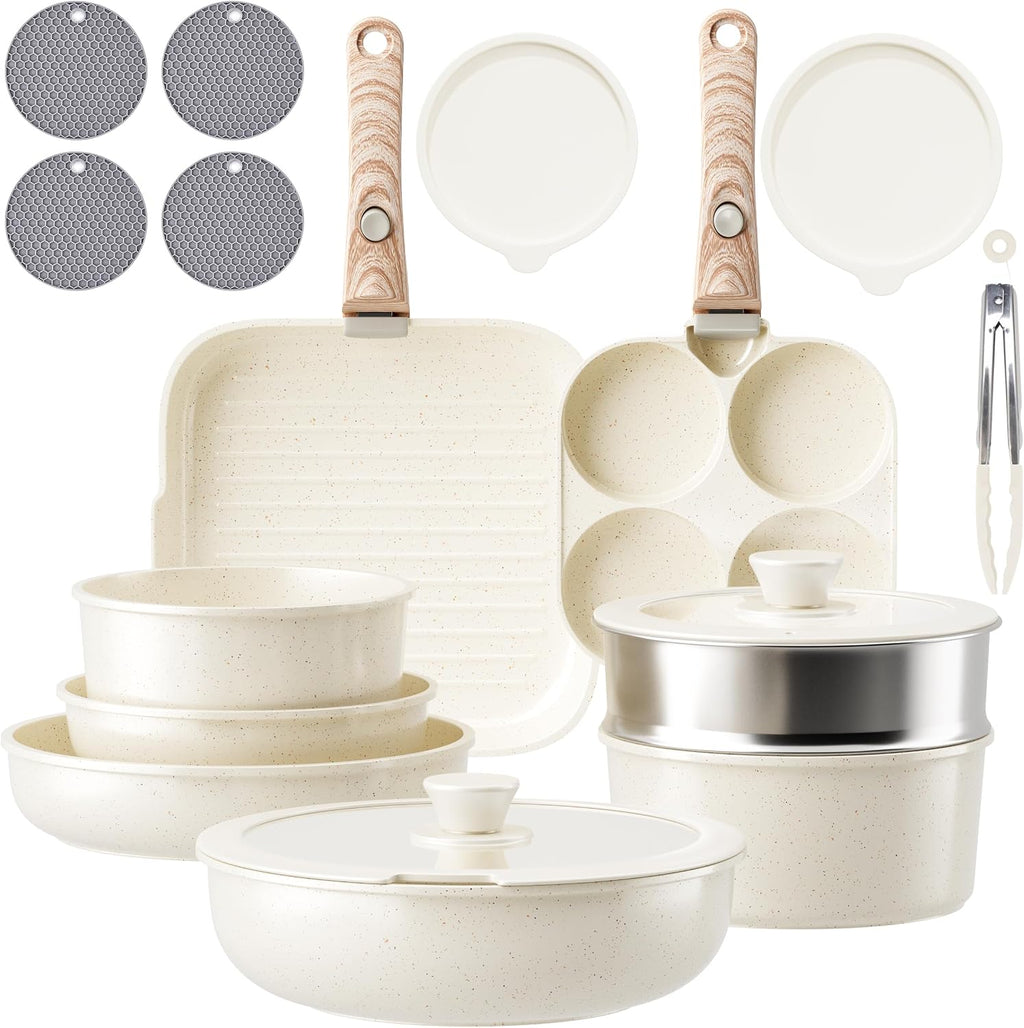Caannasweis Detachable Nonstick Cookware Set - Stackable Induction Pots and Pans With Removable Handles, Dishwasher Safe - For RV Camping, Oven and Stovetop Use, 5 Pieces (Stainless Steel)