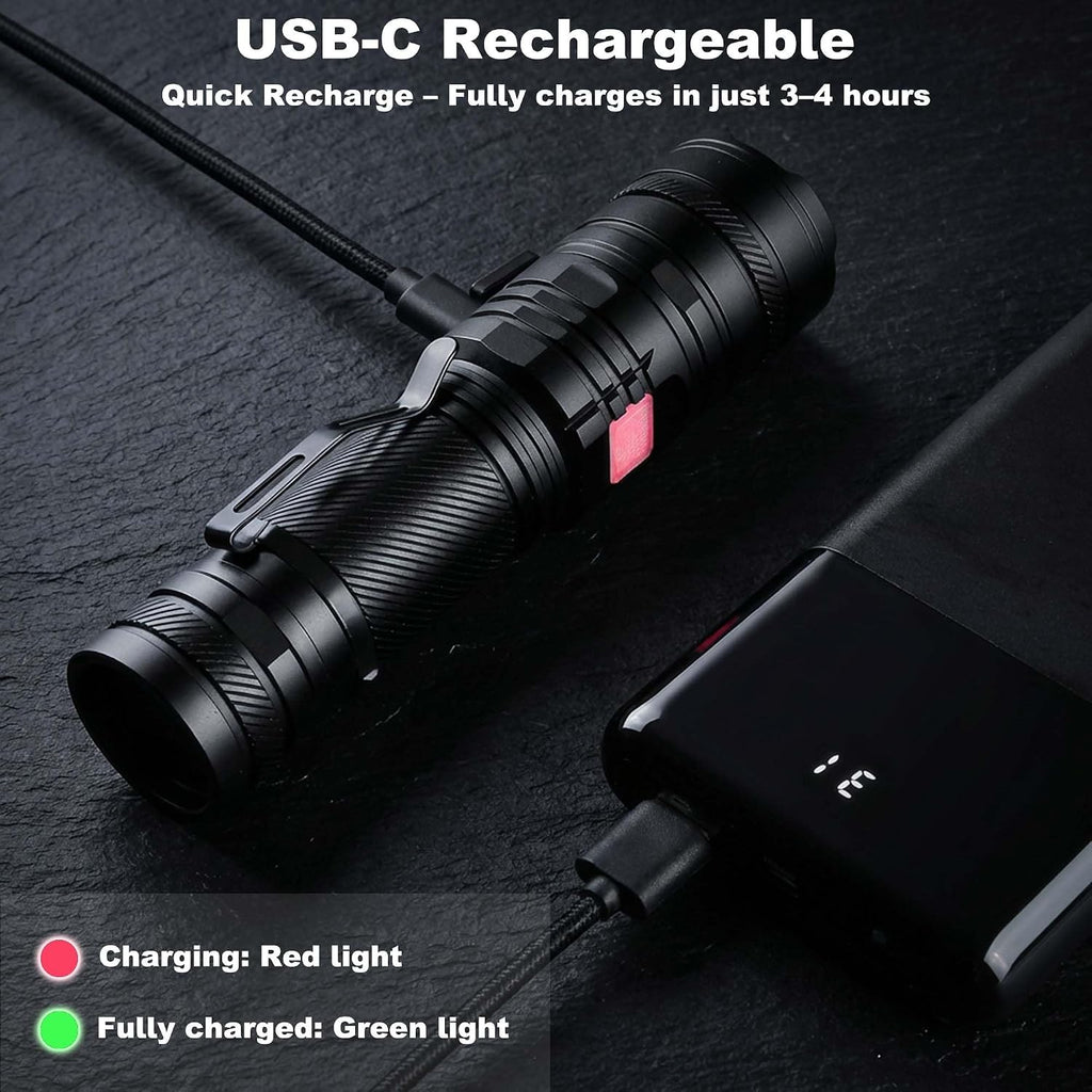 SuperFire Tactical Flashlight Rechargeable, USB-C 2300 Lumens LED Flashlight with Zoom, 5 Modes, IP46 Waterproof for Camping, Emergency & Power Outages