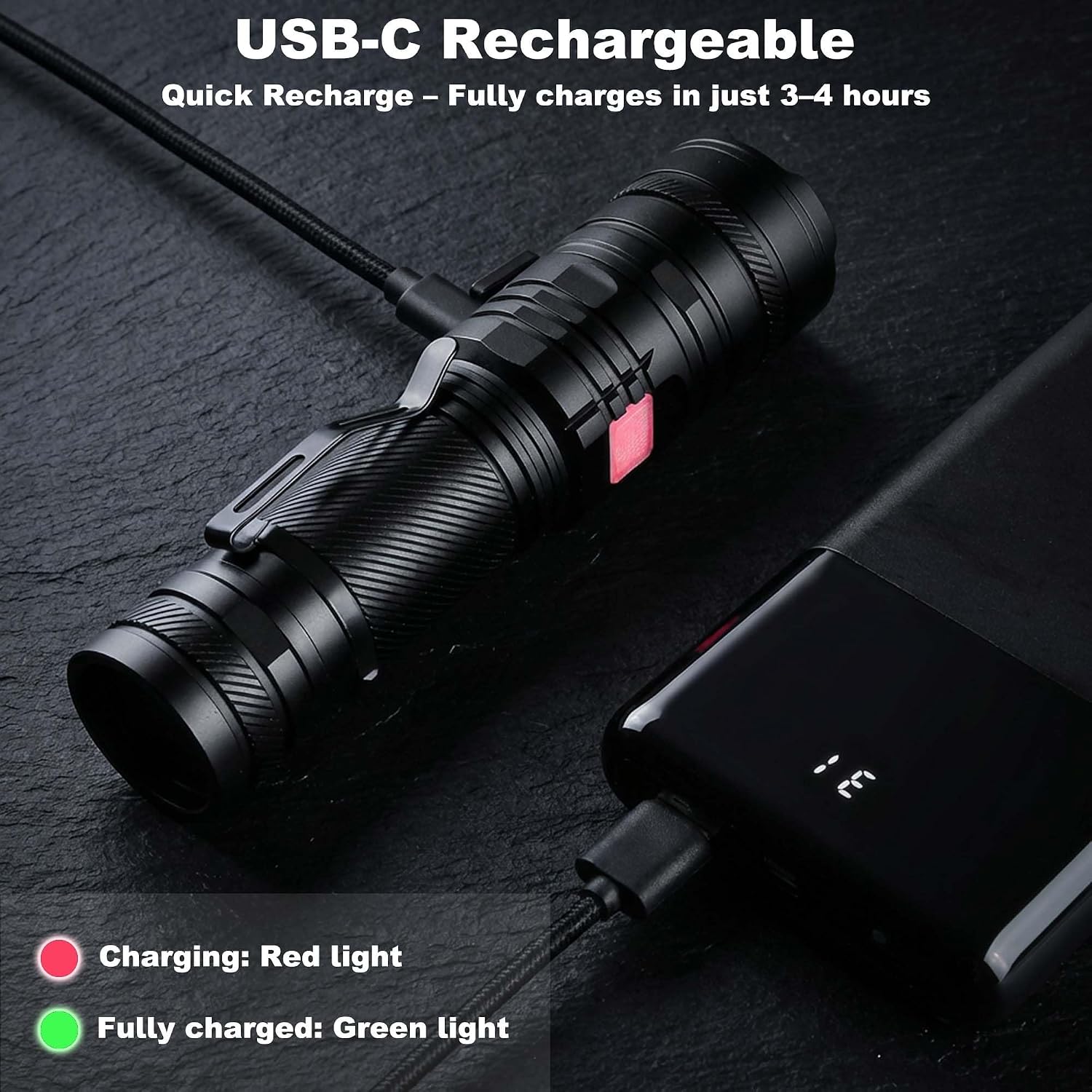 SuperFire Tactical Flashlight Rechargeable, USB-C 2300 Lumens LED Flashlight with Zoom, 5 Modes, IP46 Waterproof for Camping, Emergency & Power Outages