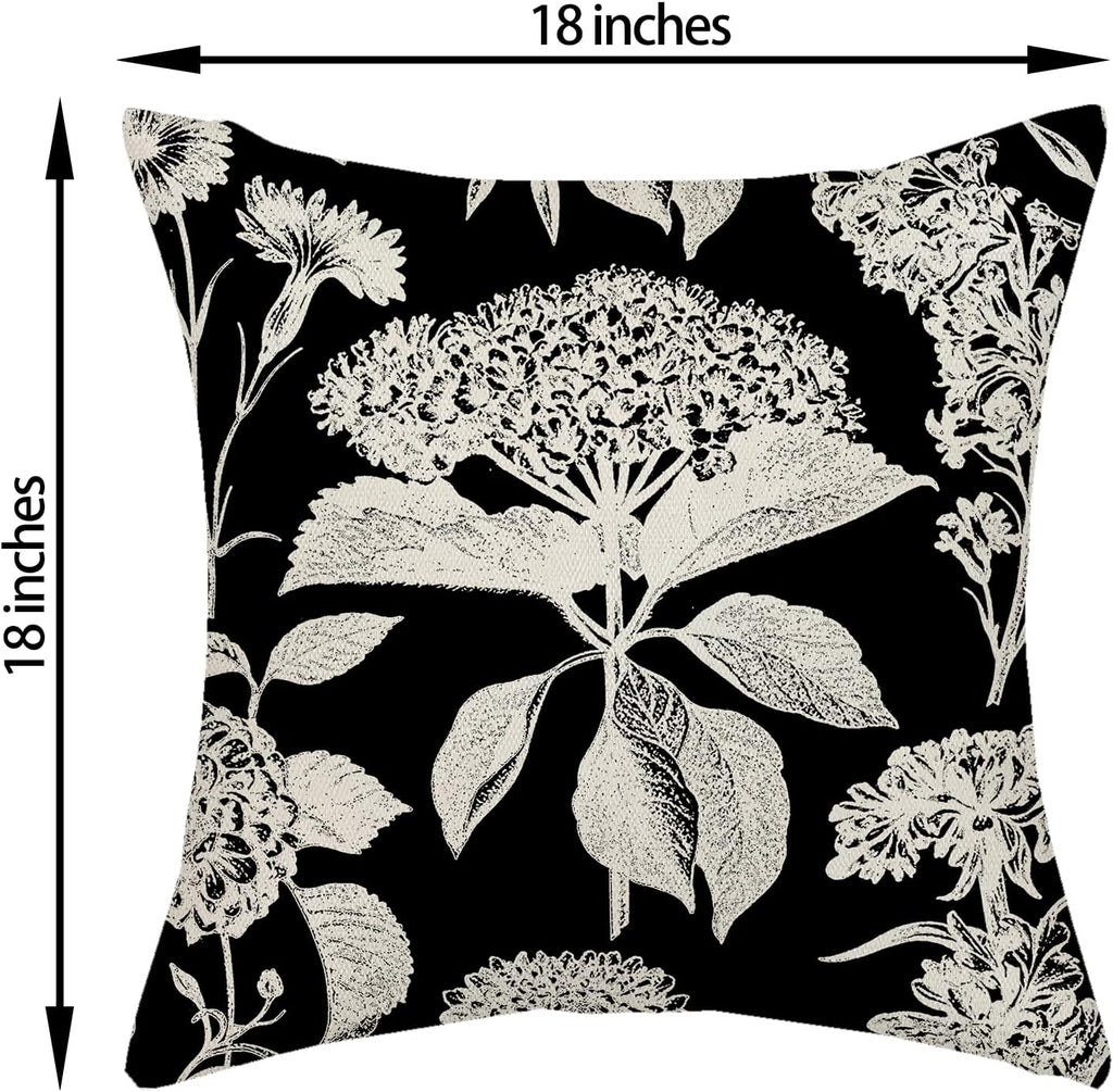 Vintage Floral Pillow Covers 18x18 Inch 2 Pcs Boho Black Hydrangea Flower Decor Throw Pillows Spring Summer Seasonal Outdoor Farmhouse Decoration Pillowcase Linen Cushion Cover for Couch